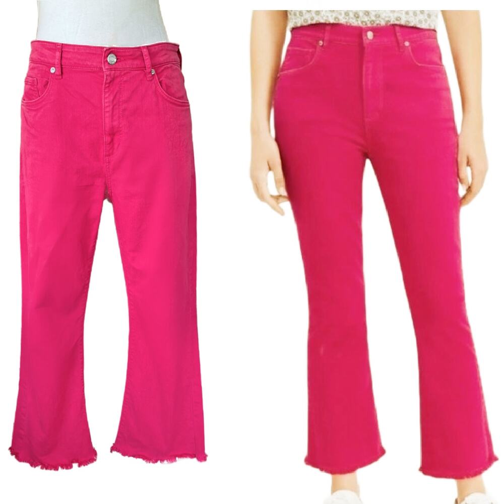 LOFT Hot Pink Kick Flare Crop Jeans Size 6/28 Raw Hem High Waist Bright Summer